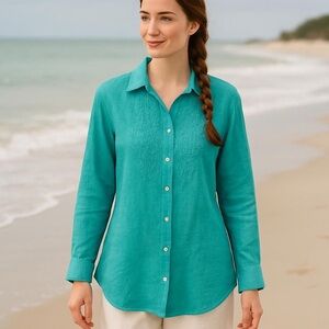 NWOT RICHARD MALCOLM LINEN BOHO AQUA BLUE BUTTON DOWN SHIRT W EMBROIDERED SZ L